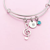 Treble Clef Bracelet, Silver Music Note Charm, Personalized Initial Bangle