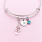 Treble Clef Bracelet, Silver Music Note Charm, Personalized Initial Bangle