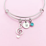 Treble Clef Bracelet, Silver Music Note Charm, Personalized Initial Bangle