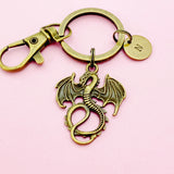 Bronze Dragon Keychain, Initial Charm, Personalized Keyring