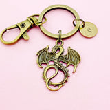 Bronze Dragon Keychain, Initial Charm, Personalized Keyring