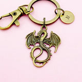 Bronze Dragon Keychain, Initial Charm, Personalized Keyring