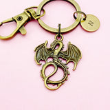 Bronze Dragon Keychain, Initial Charm, Personalized Keyring
