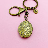 Bronze Flower Locket Keychain, Keepsake Photo Frame, Personalized Initial Keychain, N4918