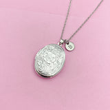 Silver Flower Locket Necklace, Keepsake Photo Charm, Initial Necklace