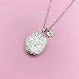 Silver Flower Locket Necklace, Keepsake Photo Charm, Initial Necklace