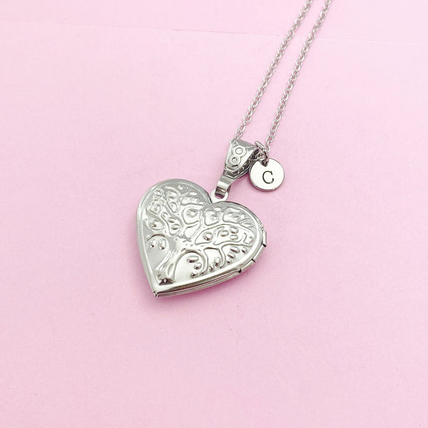 Silver Heart Tree Locket Pendant Necklace, N5599