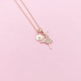 Rose Gold Ballet Dancer Necklace, Hand Stamped Initial Charm, Brass or Stainless Steel Chain