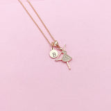 Rose Gold Ballet Dancer Necklace, Hand Stamped Initial Charm, Brass or Stainless Steel Chain
