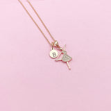 Rose Gold Ballet Dancer Necklace, Hand Stamped Initial Charm, Brass or Stainless Steel Chain
