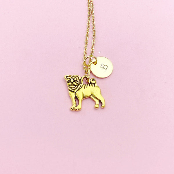 Gold Pug Dog Charm Necklace, N483