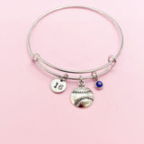 Softball Charm Bangle Bracelet, Initial & Birthstone, Silver Tone