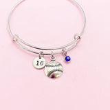 Softball Charm Bangle Bracelet, Initial & Birthstone, Silver Tone