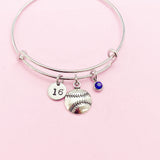 Softball Charm Bangle Bracelet, Initial & Birthstone, Silver Tone