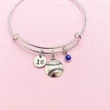 Softball Charm Bangle Bracelet, Initial & Birthstone, Silver Tone