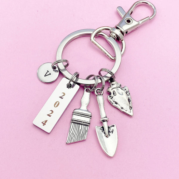 Silver Brush Shovel Arrowhead Charm Keychain Archeology School Gifts, BN5407