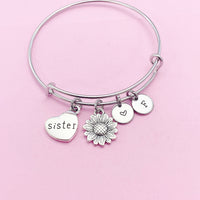 Silver Sister Bracelet, Sunflower Charm, Sister Charm, Heart Charm Bracelet, Sister Gift, Personalized Gift, AN270