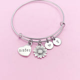 Sunflower Sister Charm Bangle Bracelet, Personalized Initial