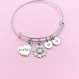 Silver Sister Bracelet, Sunflower Charm, Sister Charm, Heart Charm Bracelet, Sister Gift, Personalized Gift, AN270