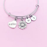 Sunflower Sister Charm Bangle Bracelet, Personalized Initial