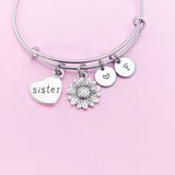 Sunflower Sister Charm Bangle Bracelet, Personalized Initial