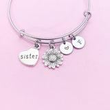 Silver Sister Bracelet, Sunflower Charm, Sister Charm, Heart Charm Bracelet, Sister Gift, Personalized Gift, AN270