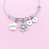 Sunflower Sister Charm Bangle Bracelet, Personalized Initial