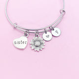 Sunflower Sister Charm Bangle Bracelet, Personalized Initial