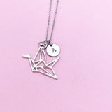 Crane Necklace, Origami Bird Charm, Personalized Initial, Silver Tone