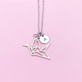Crane Necklace, Origami Bird Charm, Personalized Initial, Silver Tone