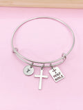Stainless Steel Cross Holy Bible Charm Initial Bracelet, N2141