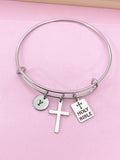 Stainless Steel Cross Holy Bible Charm Initial Bracelet, N2141