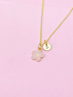 Gold Cherry Blossom Charm Necklace, Pink Japanese Peach Blossom Flower, N2192