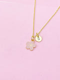 Gold Cherry Blossom Charm Necklace, Pink Japanese Peach Blossom Flower, N2192