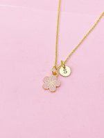Gold Cherry Blossom Charm Necklace, Pink Japanese Peach Blossom Flower, N2192