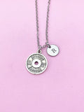 Barbell Charm Necklace, Personalized Initial, Fitness Jewelry