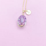 Gold Tree with Purple Real Pressed Flower and Butterfly Necklace, N2959