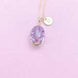 Gold Tree with Purple Real Pressed Flower and Butterfly Necklace, N2959