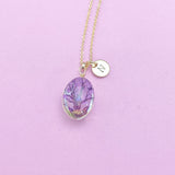 Gold Tree with Purple Real Pressed Flower and Butterfly Necklace, N2959