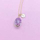 Gold Tree with Purple Real Pressed Flower and Butterfly Necklace, N2959