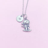 Ski Necklace, Stainless Steel Skier Charm, Personalized Initial