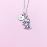 Ski Necklace, Stainless Steel Skier Charm, Personalized Initial