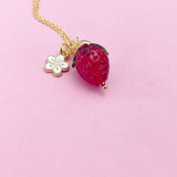 Gold Strawberry Necklace, Handmade Lampwork Strawberry Charm, Personized Birthday Gifts, ZN4983