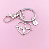 Heartbeat Charm Keychain, Initial Charm, EMT Paramedic Gift