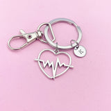 Heartbeat Charm Keychain, Initial Charm, EMT Paramedic Gift