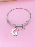 Cat Moon Charm Bangle Bracelet, Initial Charm, Celestial Jewelry