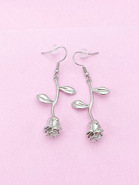 Silver Rose Earrings, Birthday Jewelry Gift, N172F