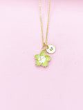 Gold Green Sakura Cherry Blossom Flower Charm Necklace, N5678
