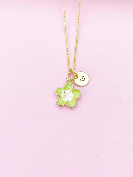 Gold Green Sakura Cherry Blossom Flower Charm Necklace, N5678