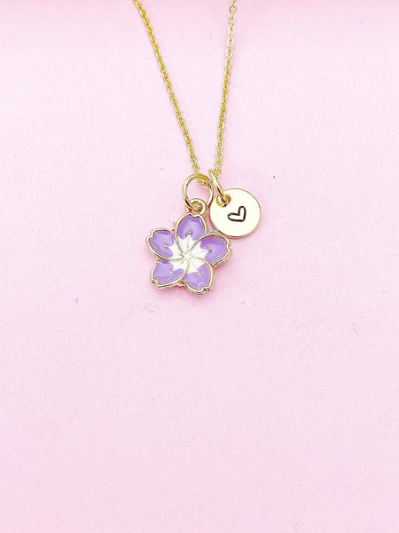 Gold Purple Sakura Cherry Blossom Flower Charm Necklace, N5680